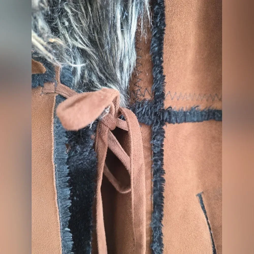 Vtg Brown Faux Suede Fur Hooded Full Length Long Afghan Penny Lane Coat Sz M - Picture 5 of 16